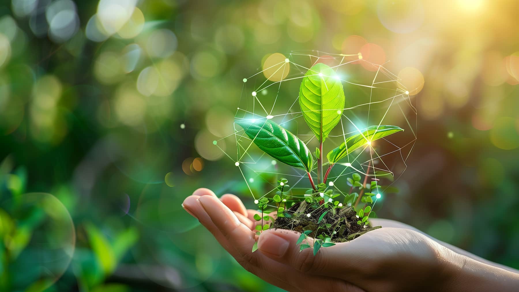 A hand cupping a plant with connectivity lines around it, symbolizing sustainability in data